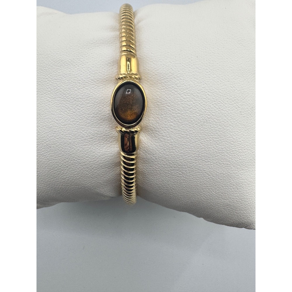 14K Gold Plated Twisted Cable Cuff Bracelet Oval Brown Cabochon Stone S Steel
